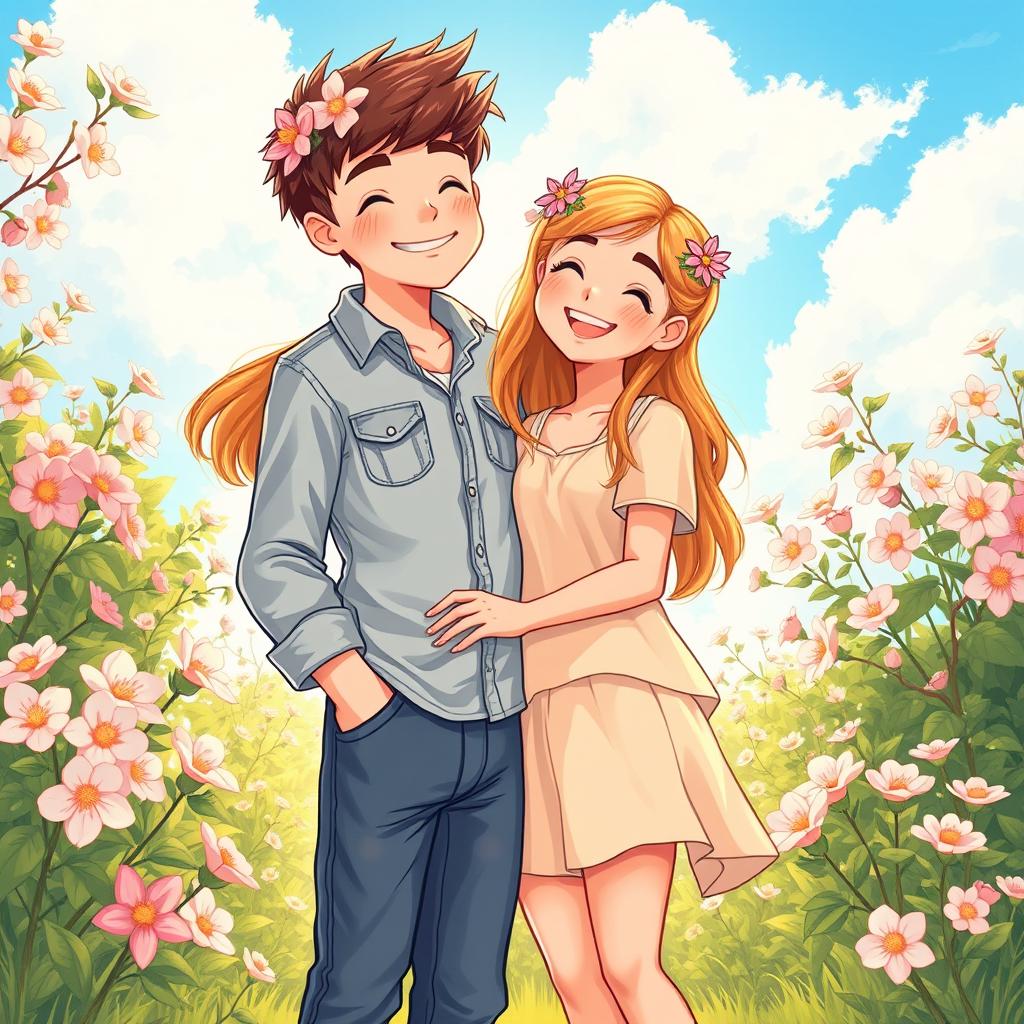 A vibrant and romantic cover illustration featuring a boy and a girl together, smiling and enjoying each other's company