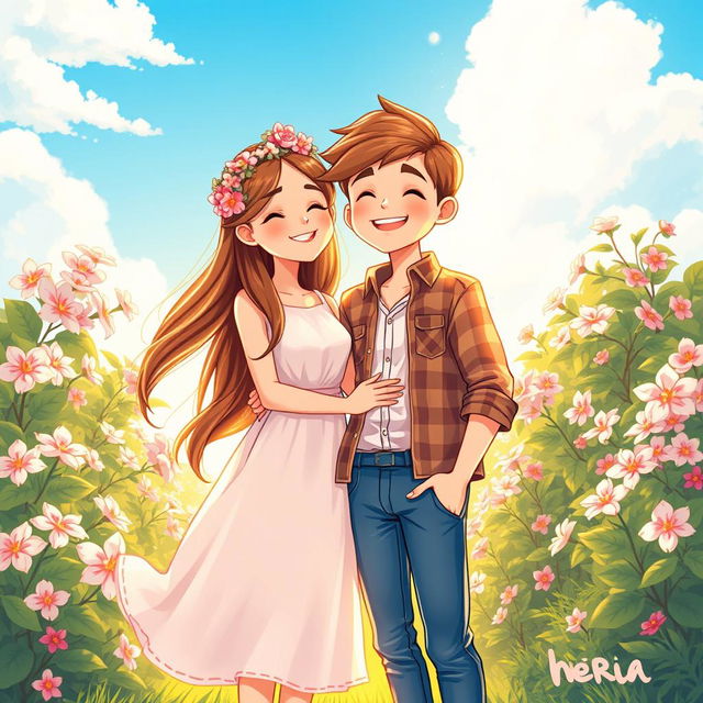 A vibrant and romantic cover illustration featuring a boy and a girl together, smiling and enjoying each other's company