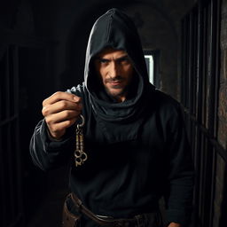 A mysterious man dressed as a thief, clad in dark, ragged clothing that blends into the shadows