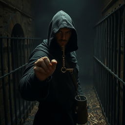 A mysterious man dressed as a thief, clad in dark, ragged clothing that blends into the shadows