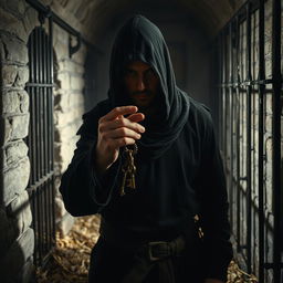 A mysterious man dressed as a thief, clad in dark, ragged clothing that blends into the shadows