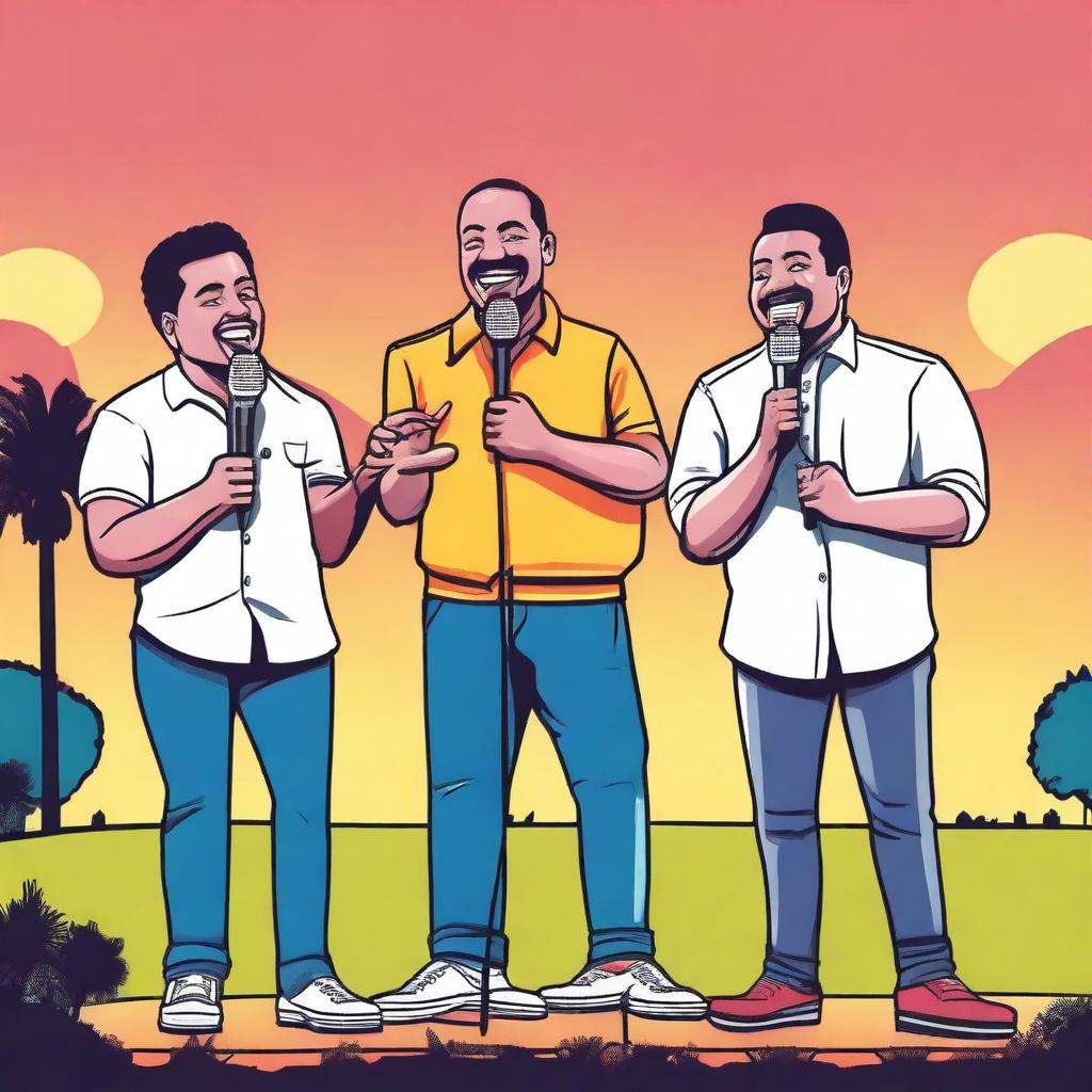 A lively outdoor stand-up comedy show with three different comedians simultaneously holding microphones, each delivering punchlines to a cheerful crowd, with a backdrop of laughter and applause under the colors of a sunset