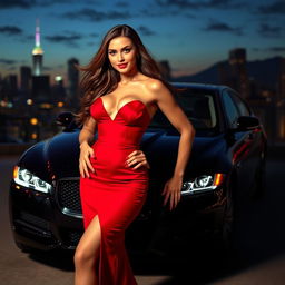 A seductive woman in a striking red dress with a devilish allure, standing confidently in front of a sleek black Jaguar XF