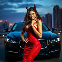 A seductive woman in a striking red dress with a devilish allure, standing confidently in front of a sleek black Jaguar XF