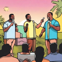 A lively outdoor stand-up comedy show with three different comedians simultaneously holding microphones, each delivering punchlines to a cheerful crowd, with a backdrop of laughter and applause under the colors of a sunset