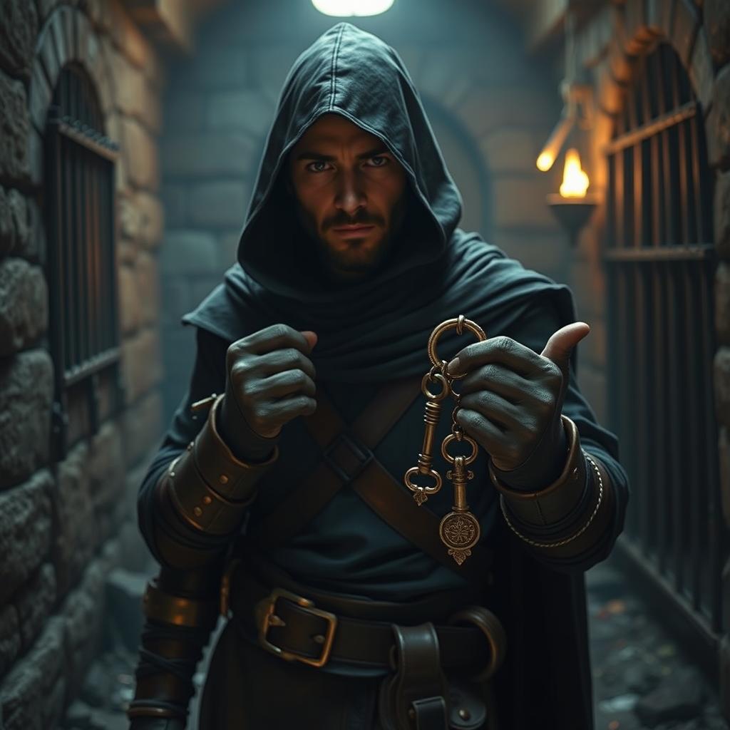 A mysterious man dressed as a thief, styled in the rich and detailed aesthetics of Dungeons & Dragons