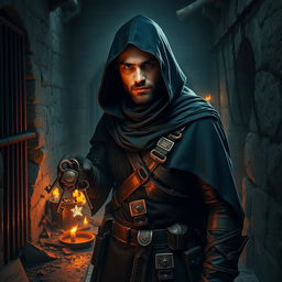 A mysterious man dressed as a thief, styled in the rich and detailed aesthetics of Dungeons & Dragons