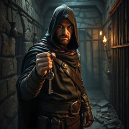 A mysterious man dressed as a thief, styled in the rich and detailed aesthetics of Dungeons & Dragons