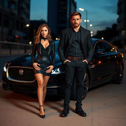 A petite woman with light brown hair, exuding a diabolical charm, stands confidently next to a handsome man with a light brown beard