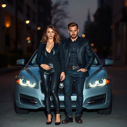 A petite woman with light brown hair, exuding a diabolical charm, stands confidently next to a handsome man with a light brown beard