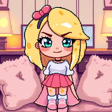 A pixel art depiction of a cute adult avatar girl with liquid yellow hair that resembles cheese, bright blue eyes, and a smug expression