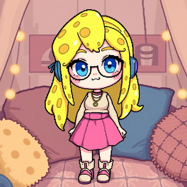 A pixel art depiction of a cute adult avatar girl with liquid yellow hair that resembles cheese, bright blue eyes, and a smug expression