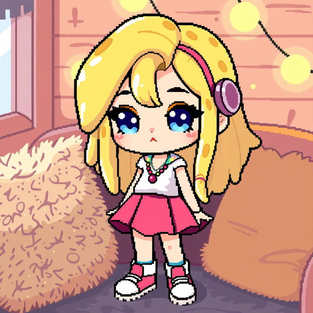 A pixel art depiction of a cute adult avatar girl with liquid yellow hair that resembles cheese, bright blue eyes, and a smug expression