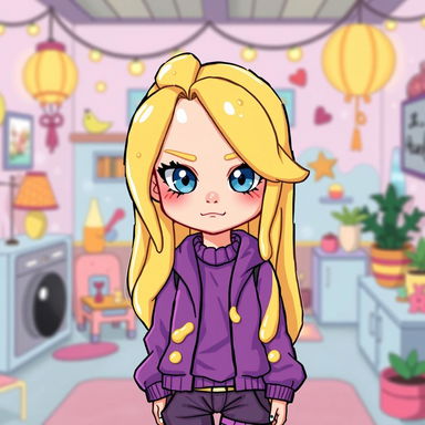 A pixel art depiction of a cute adult avatar girl with liquid yellow hair that resembles cheese, bright blue eyes, and a smug expression