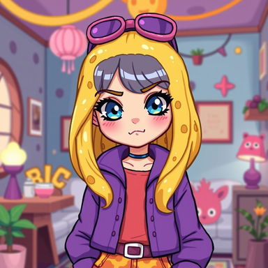 A pixel art depiction of a cute adult avatar girl with liquid yellow hair that resembles cheese, bright blue eyes, and a smug expression
