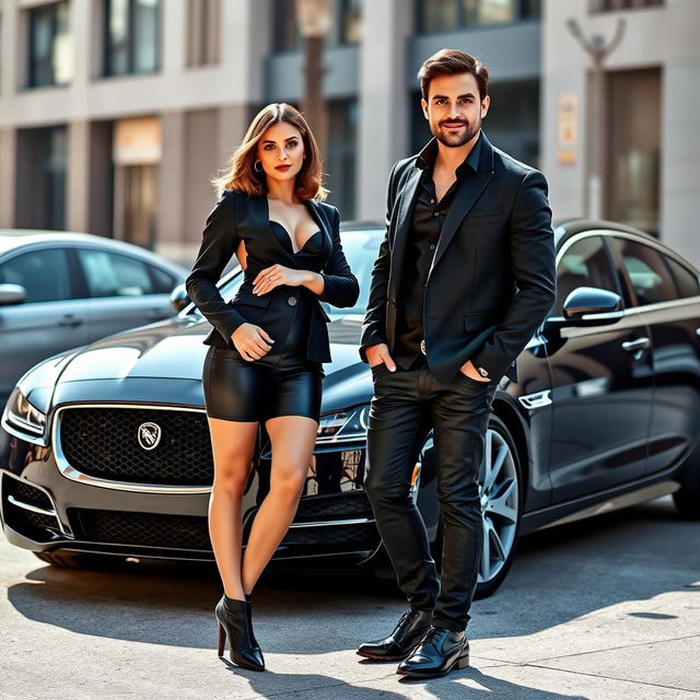 A petite woman with light brown hair, dressed in a stylish black outfit, exuding a devilish allure, standing confidently next to a handsome man with dark brown hair and a light beard