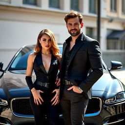 A petite woman with light brown hair, dressed in a stylish black outfit, exuding a devilish allure, standing confidently next to a handsome man with dark brown hair and a light beard