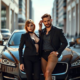A petite woman with light brown hair, dressed in a stylish black outfit, exuding a devilish allure, standing confidently next to a handsome man with dark brown hair and a light beard