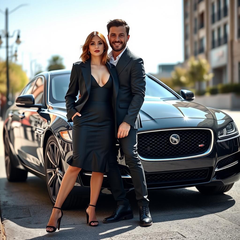 A petite woman with light brown hair, dressed in a stylish black outfit, exuding a devilish allure, standing confidently next to a handsome man with dark brown hair and a light beard