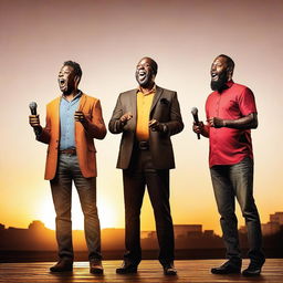 An exhilarating outdoor stand-up comedy show featuring three comedians, each holding a microphone and engaging with an enthusiastic audience, laughing uproariously at their jokes, set against the fiery hues of a setting sun