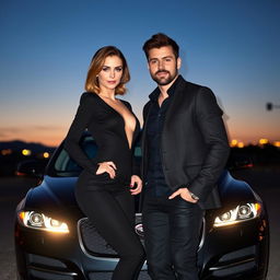 A petite woman with light brown hair, dressed in a stylish black outfit, exuding a devilish allure, standing confidently next to a handsome man with dark brown hair and a light beard