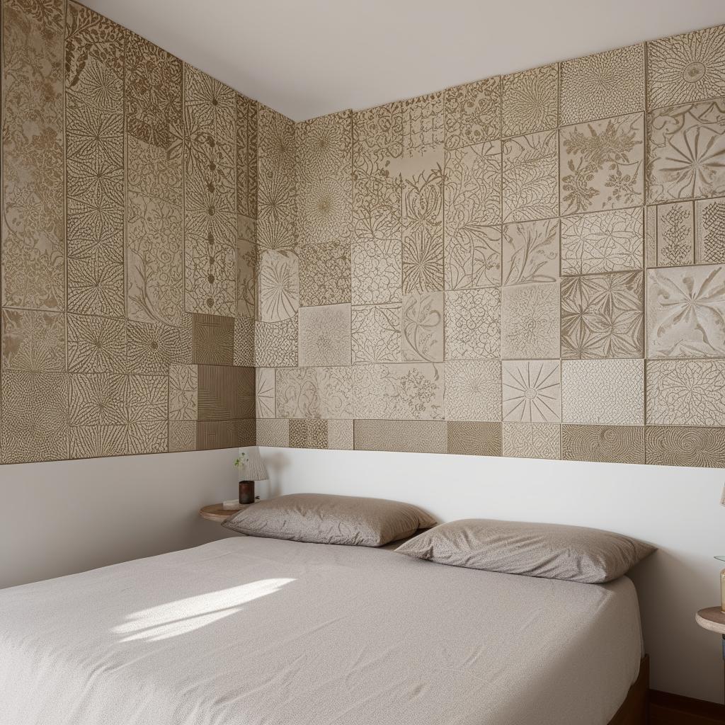 A cozy 6x4 bedroom featuring intricate ceramic wall designs to accentuate the room's homely charm.