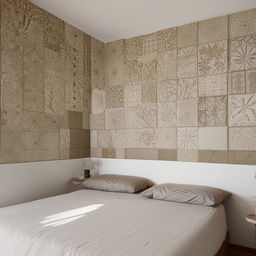 A cozy 6x4 bedroom featuring intricate ceramic wall designs to accentuate the room's homely charm.