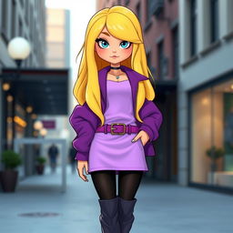 A stylish avatar of an adult girl with liquid yellow hair that looks like cheese, bright blue eyes, and a smug expression