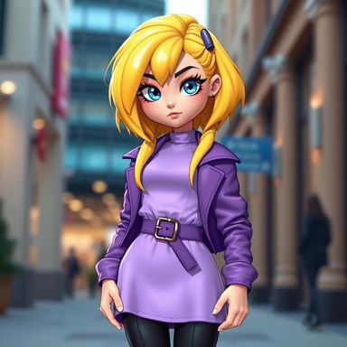 A stylish avatar of an adult girl with liquid yellow hair that looks like cheese, bright blue eyes, and a smug expression