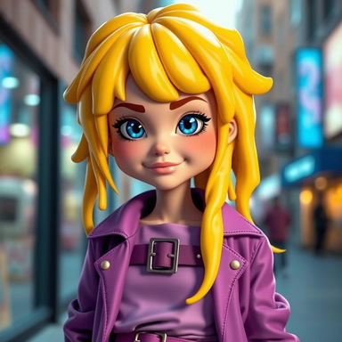 A striking avatar of an adult girl with liquid yellow hair that looks like cheese, featuring bright blue eyes and a confident, smug expression