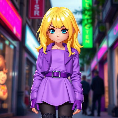A striking avatar of an adult girl with liquid yellow hair that looks like cheese, featuring bright blue eyes and a confident, smug expression