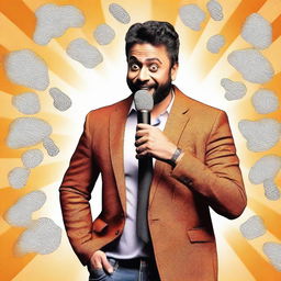 An energetic and humorous stand-up comedy show, showcasing a comedian on a spotlighted stage, entertaining a thrilled audience with hilarious anecdotes and punchlines