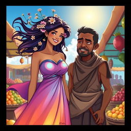 A beautiful woman and a poor man in a heartwarming and artistic illustration