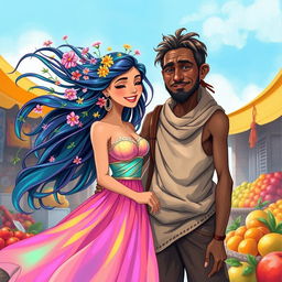 A beautiful woman and a poor man in a heartwarming and artistic illustration