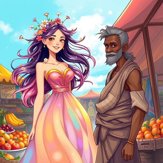 A beautiful woman and a poor man in a heartwarming and artistic illustration