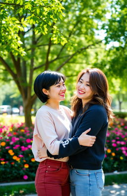 A romantic scene featuring a charming couple of Asian descent, both in casual yet stylish outfits, embracing in a sun-drenched park