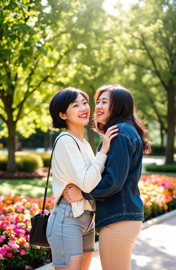 A romantic scene featuring a charming couple of Asian descent, both in casual yet stylish outfits, embracing in a sun-drenched park