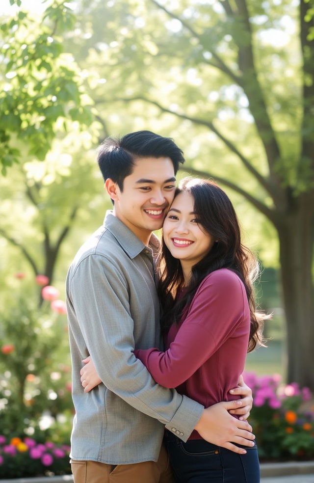 A romantic scene featuring a charming couple of Asian descent, both in casual yet stylish outfits, embracing in a sun-drenched park