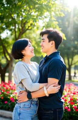 A romantic scene featuring a charming couple of Asian descent, both in casual yet stylish outfits, embracing in a sun-drenched park