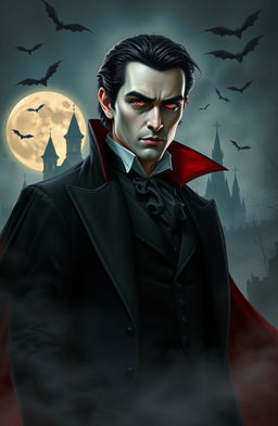 A gothic and atmospheric portrait of Dracula, featuring a tall, dark-haired man with sharp features and piercing red eyes