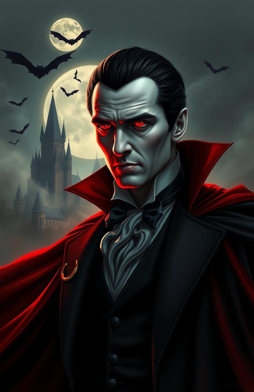 A gothic and atmospheric portrait of Dracula, featuring a tall, dark-haired man with sharp features and piercing red eyes