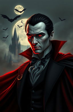 A gothic and atmospheric portrait of Dracula, featuring a tall, dark-haired man with sharp features and piercing red eyes