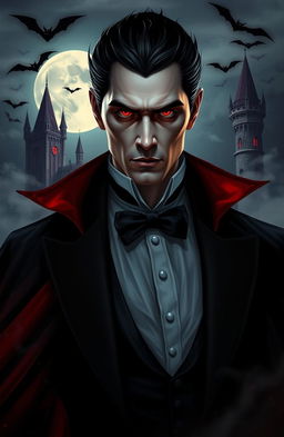 A gothic and atmospheric portrait of Dracula, featuring a tall, dark-haired man with sharp features and piercing red eyes