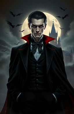 A gothic and atmospheric portrait of Dracula, featuring a tall, dark-haired man with sharp features and piercing red eyes