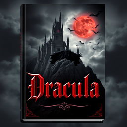 A dramatic and captivating book cover design for a classic Dracula novel, featuring an imposing castle atop a cliff against a dark, stormy sky