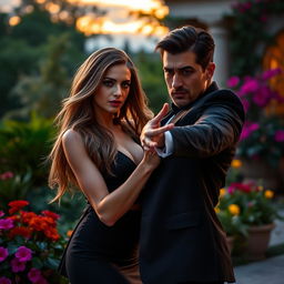A dramatic scene featuring a beautiful woman with long flowing hair, wearing a stylish dress, confidently pushing a man away