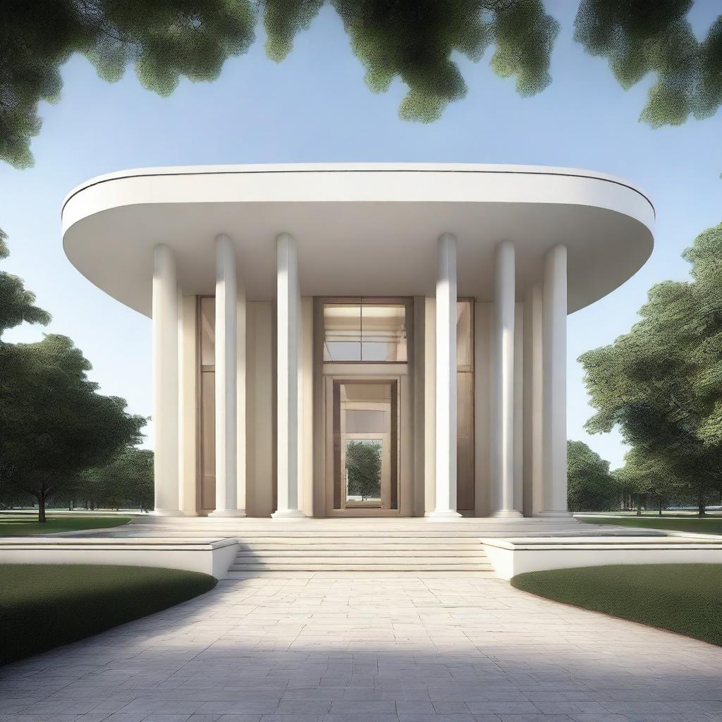 Generate a 100ftx200ft modern hall exterior, featuring a curved roof, portico, and the aesthetic of a Roman temple, all designed with contemporary materials