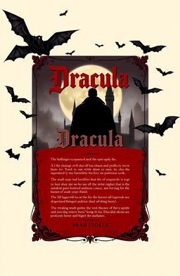 An artistic rendition of the classic 1897 book cover of 'Dracula' by Bram Stoker, featuring an ominous and atmospheric design