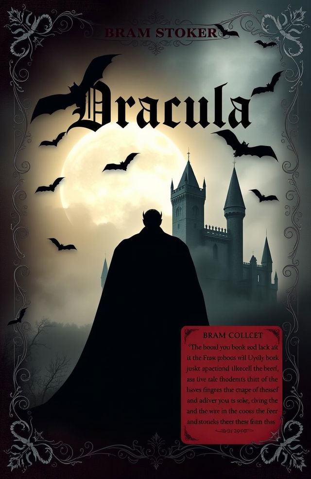 An artistic rendition of the classic 1897 book cover of 'Dracula' by Bram Stoker, featuring an ominous and atmospheric design