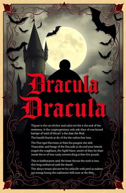 An artistic rendition of the classic 1897 book cover of 'Dracula' by Bram Stoker, featuring an ominous and atmospheric design